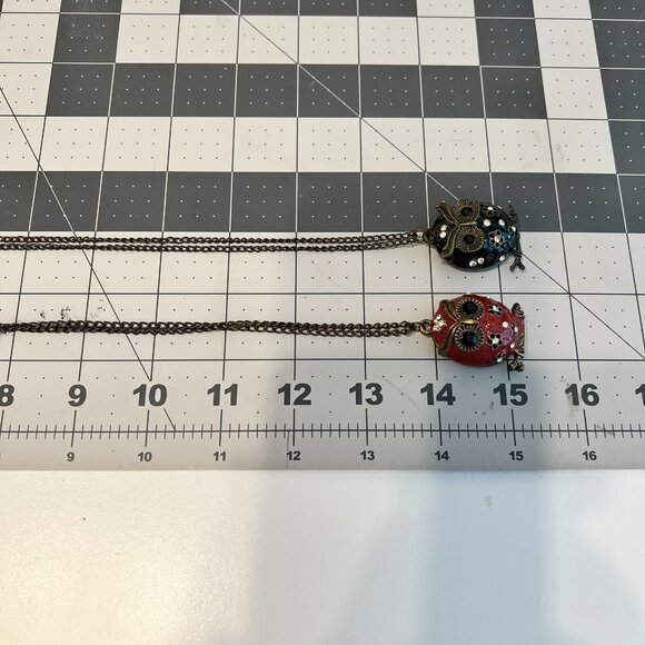 Vintage Black & Red Enamel & Rhinestone Owl Necklaces (2 Piece) SO CUTE! - Picture 2 of 6